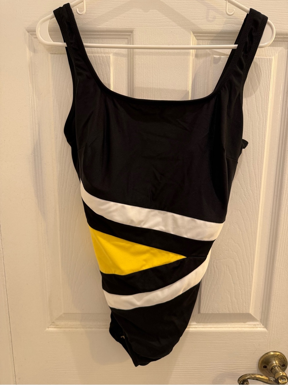EUC Longitude Black One-Piece Swimsuit with White and Yellow Stripes Size 14